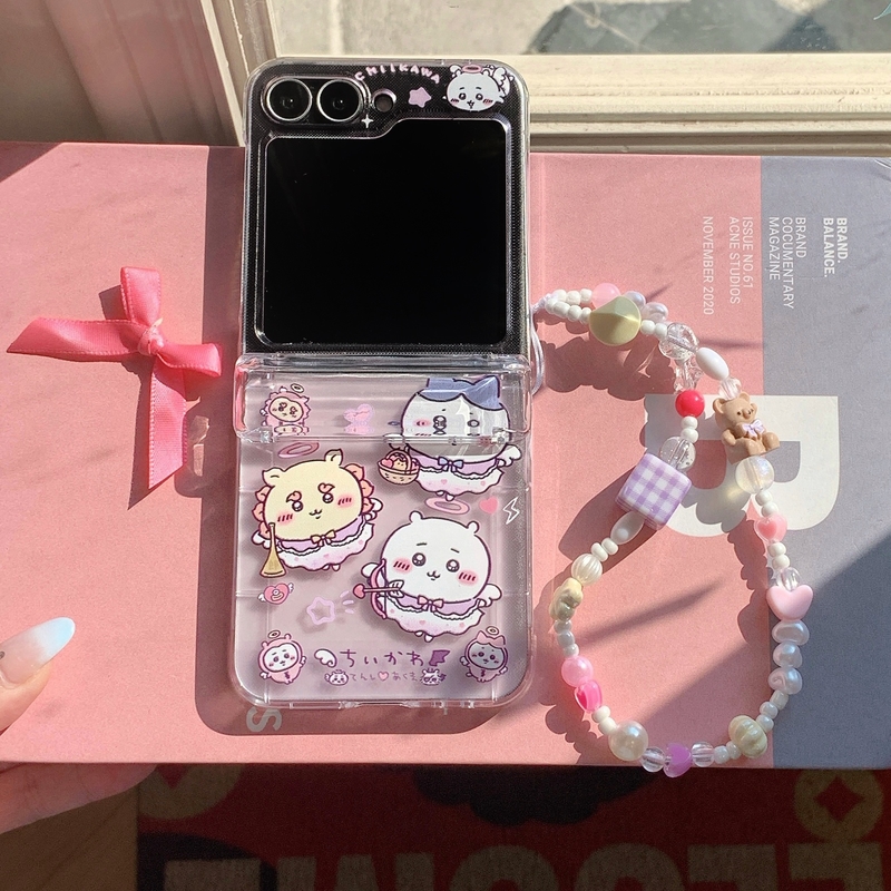 Wallets - 可愛い漫画アニメ「ちいかわうさぎ」ハチワレカードウォレットポケット付きスマホケース、Samsung Galaxy Z Flip 7/6/5/4/3用、ストラップ付きカバー